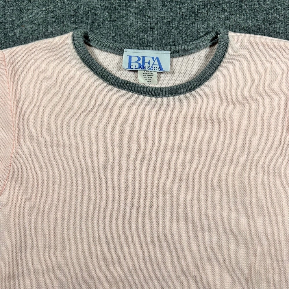 BFA Classics Sweater Womens Petite Large Pink Grey Trim Short Sleeve USA Made